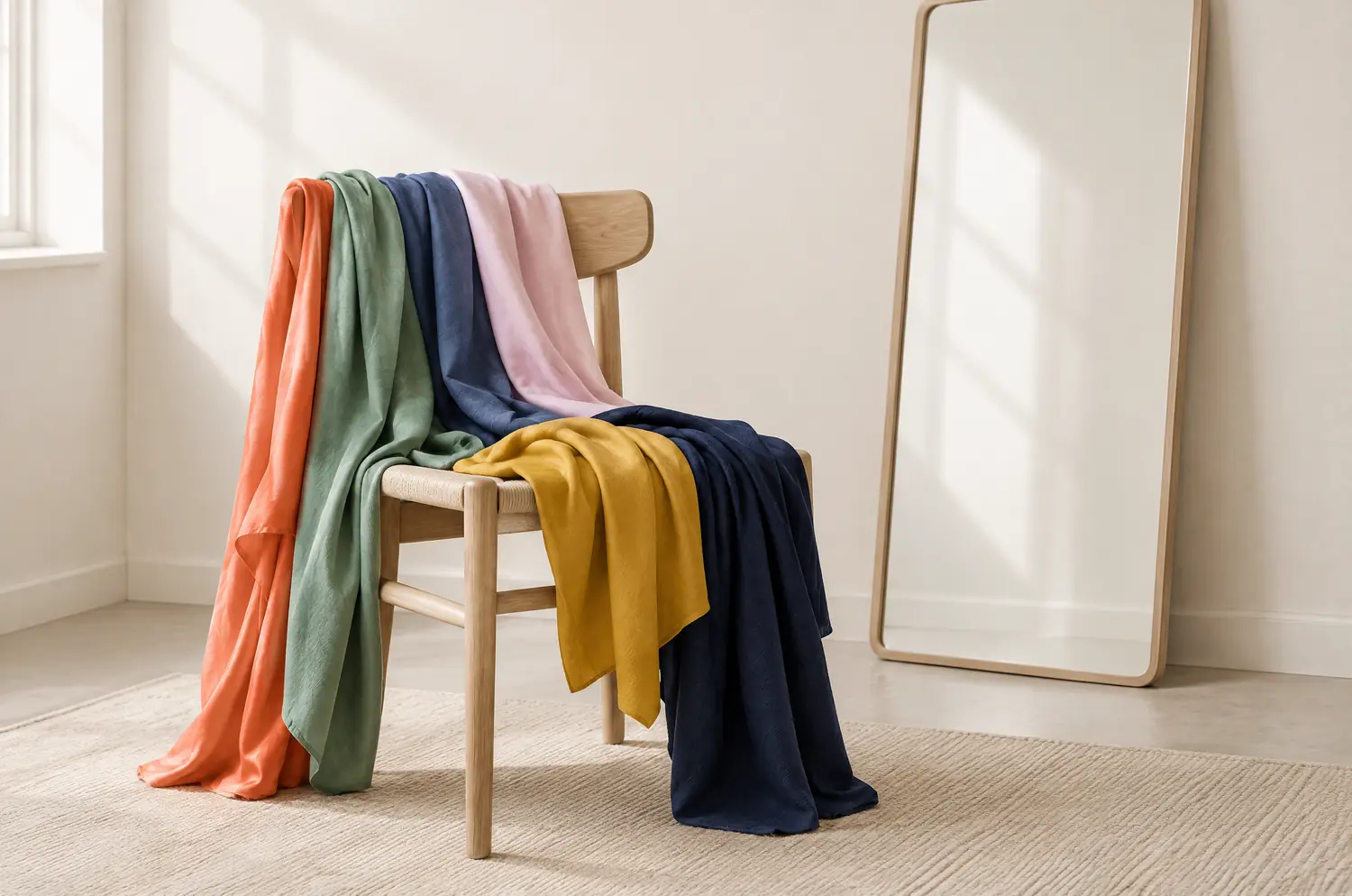 An empty wooden chair draped with plain fabrics in varied colors, next to a large standing mirror