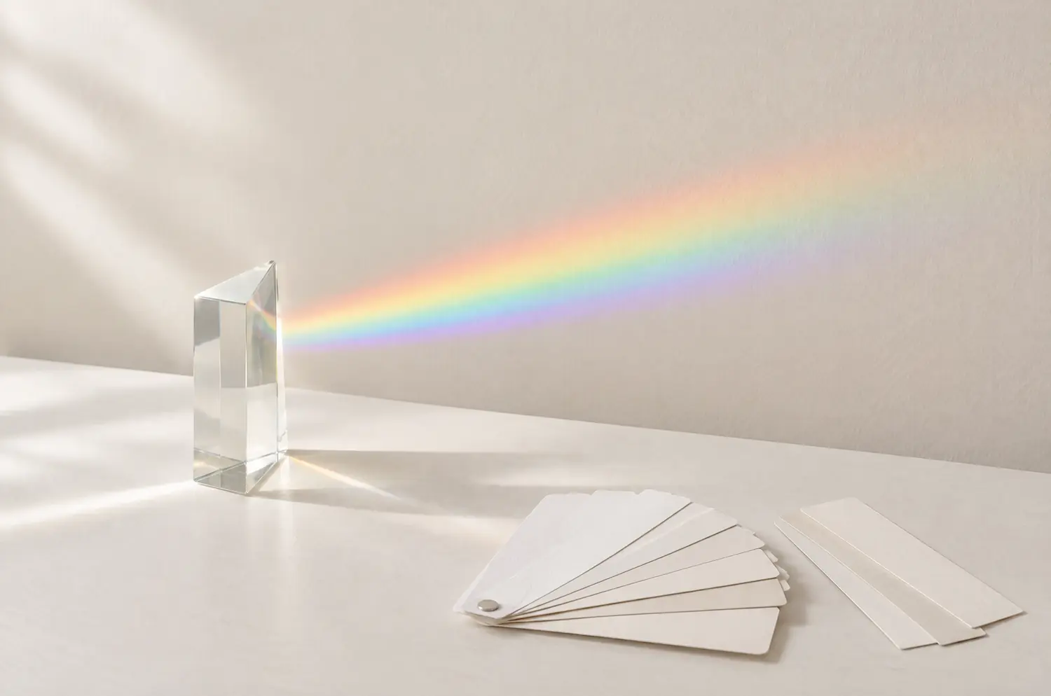 A glass prism casting a spectrum of colors on a light wall, next to blank paper swatch cards
