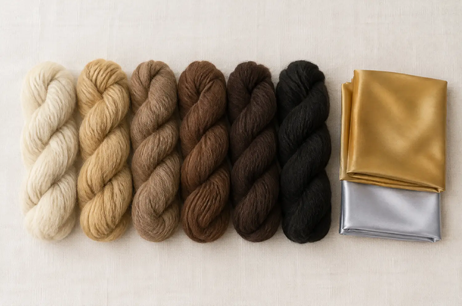Six skeins of wool from platinum blond to black, next to a gold satin fabric and a silver satin fabric