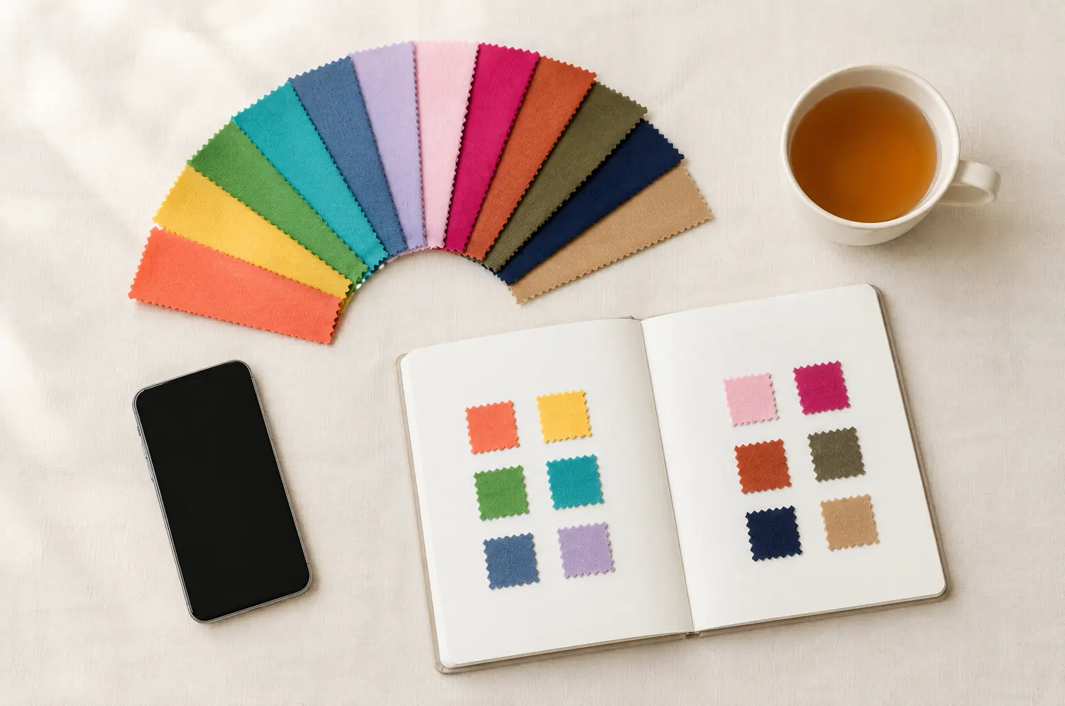 Overhead view of a desk: a phone with a dark screen, a fan of plain fabrics in twelve colors, an open notebook with glued fabric squares and a cup of tea